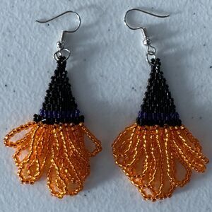 Witches Hat Earrings w/ Orange Hair Hand Beaded Dangle Halloween Jewelry
